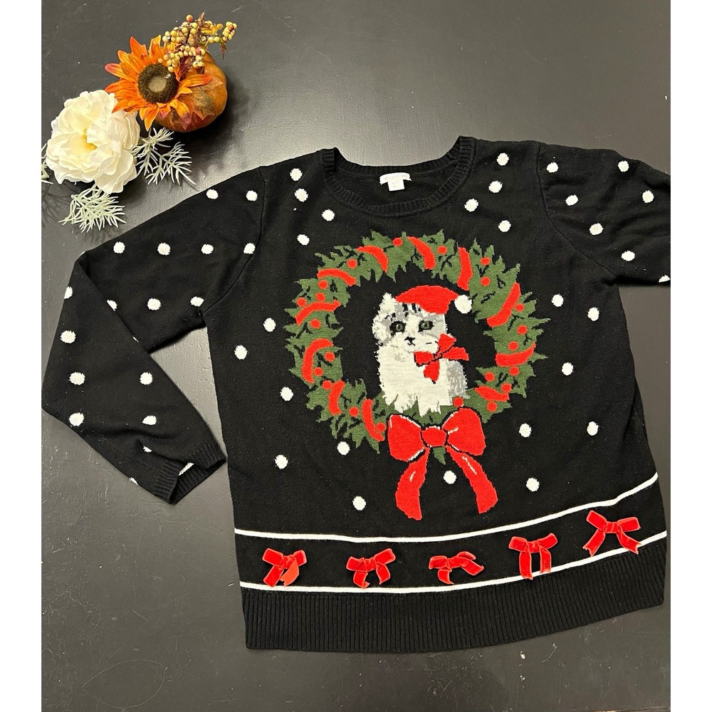 Xhilaration Black Christmas Cat Wreath Bow PolkaDot Pullover Sweater Sz XL As Is